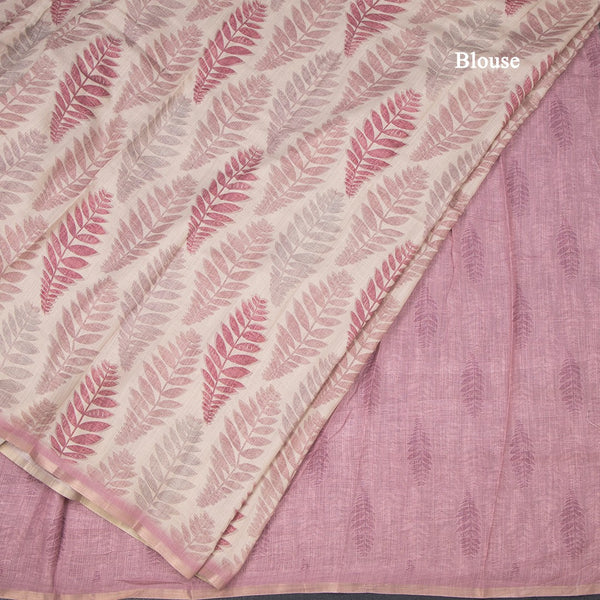 Semi Raw Silk Cream Leaf Printed Saree 03