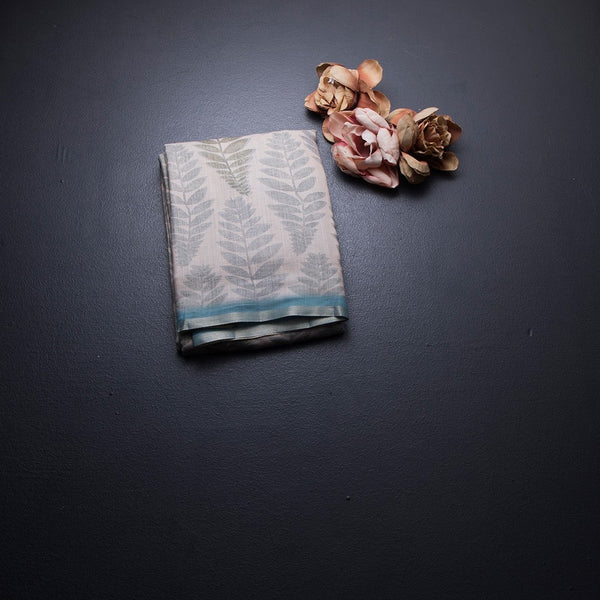 Semi Raw Silk Cream Leaf Printed Saree 04
