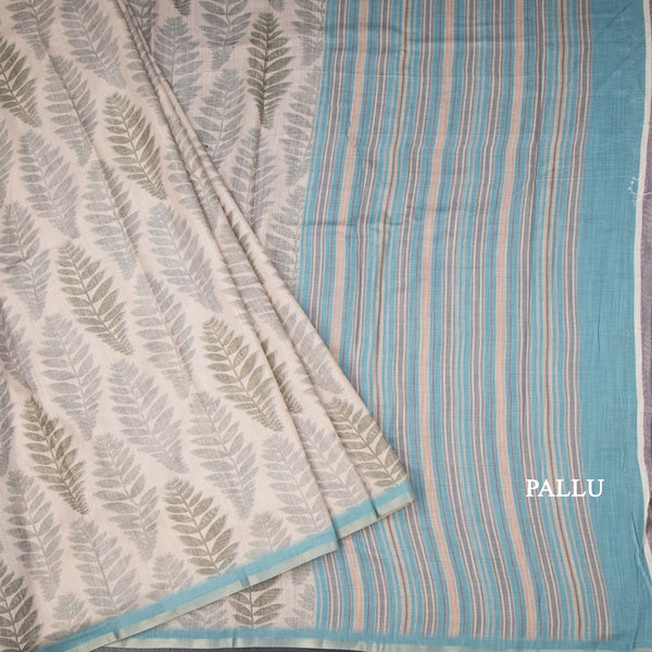 Semi Raw Silk Cream Leaf Printed Saree 04