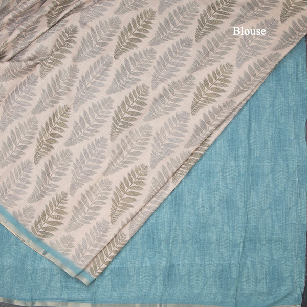Semi Raw Silk Cream Leaf Printed Saree 04
