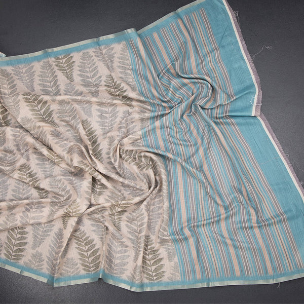 Semi Raw Silk Cream Leaf Printed Saree 04