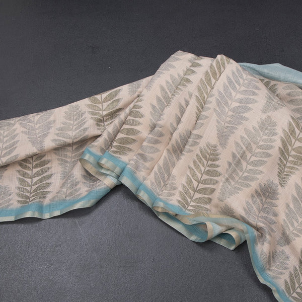 Semi Raw Silk Cream Leaf Printed Saree 04