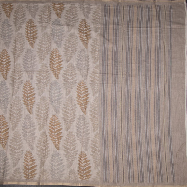 Semi Raw Silk Cream Leaf Printed Saree 05