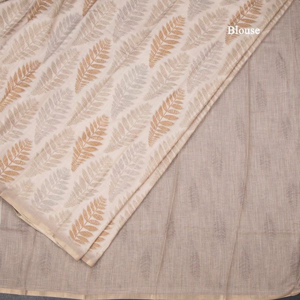 Semi Raw Silk Cream Leaf Printed Saree 05