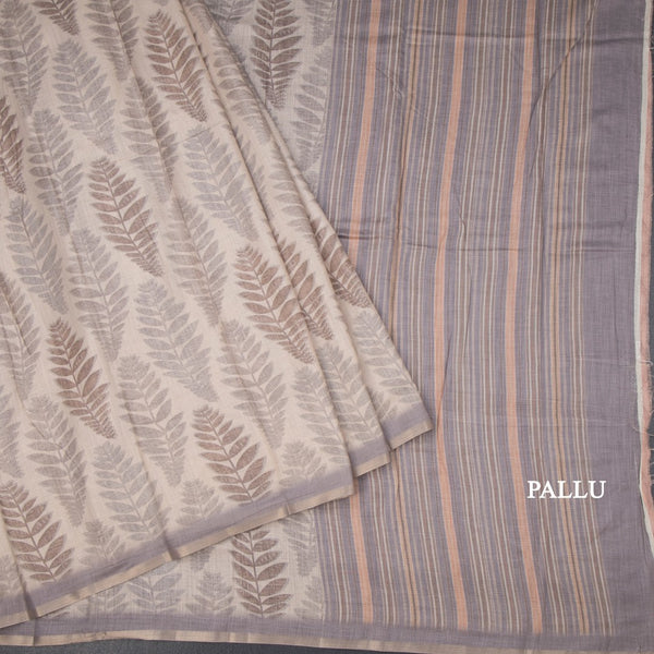 Semi Raw Silk Cream Leaf Printed Saree 06