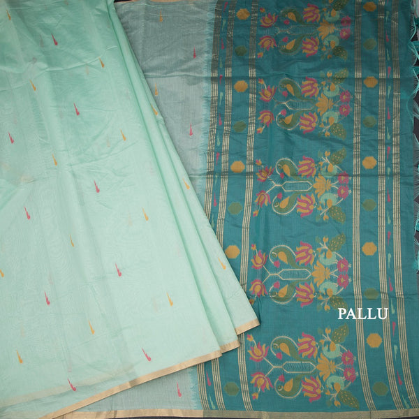 Semi Linen Mint Green Thread Work Saree