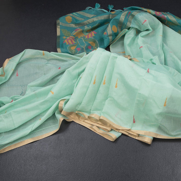 Semi Linen Mint Green Thread Work Saree
