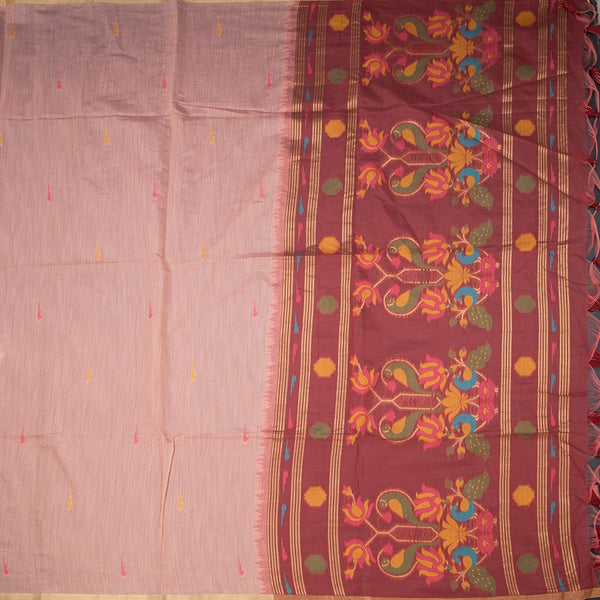 Semi Linen Peach Thread Work Saree