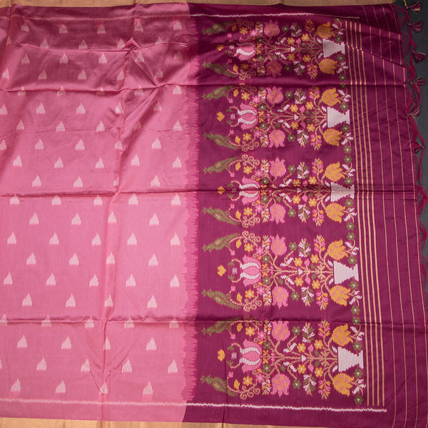 Semi Raw Silk Rose Pink Printed Saree 02
