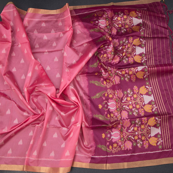 Semi Raw Silk Rose Pink Printed Saree 02
