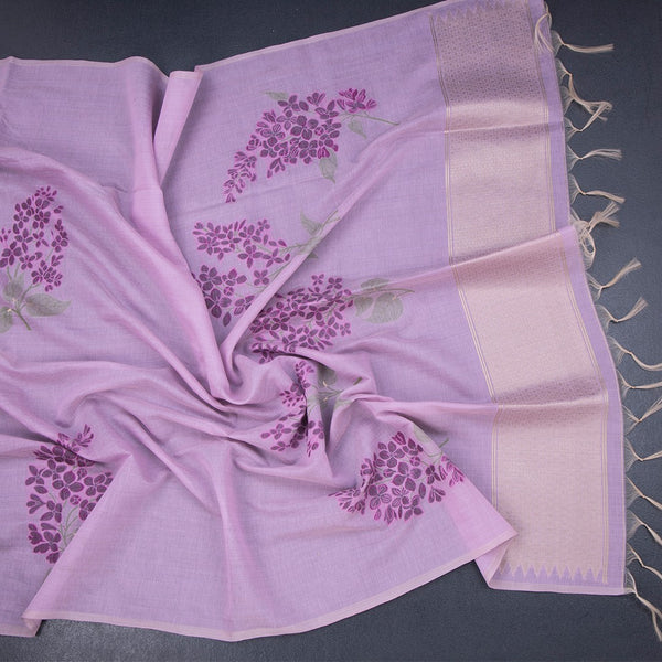 Semi Linen Lavender Floral Printed Saree