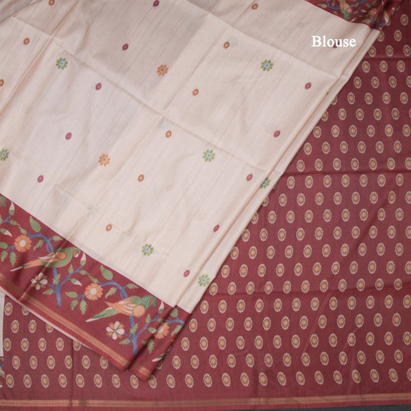 Semi Raw Silk Cream Floral Printed Saree 08