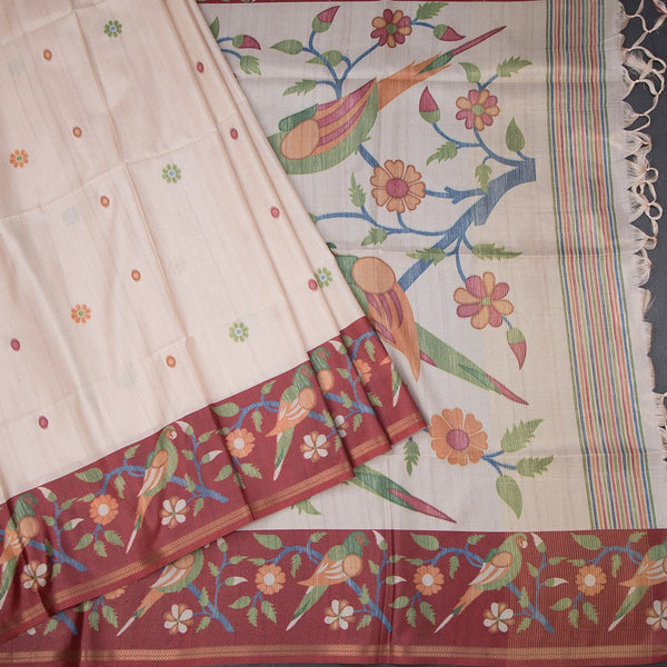 Semi Raw Silk Cream Floral Printed Saree 08