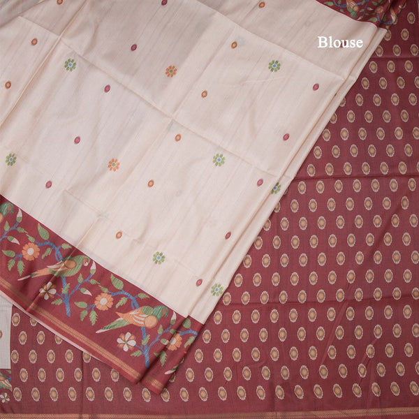 Semi Raw Silk Cream Floral Printed Saree 08