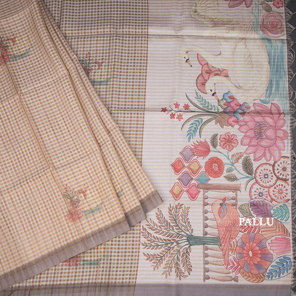 Raw Silk Multi Colour Checked Saree With Paint Work 04