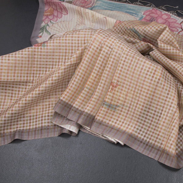 Raw Silk Multi Colour Checked Saree With Paint Work 04