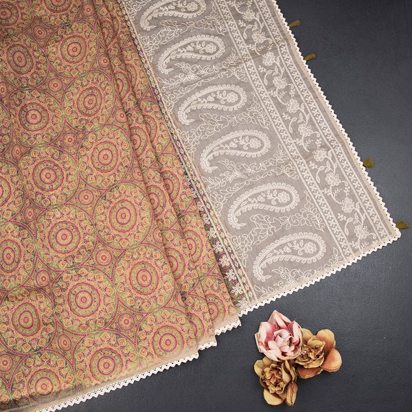 Semi Linen Olive Green Printed Saree And Thread Pallu
