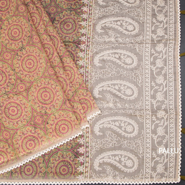 Semi Linen Olive Green Printed Saree And Thread Pallu