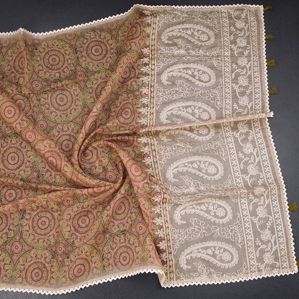 Semi Linen Olive Green Printed Saree And Thread Pallu