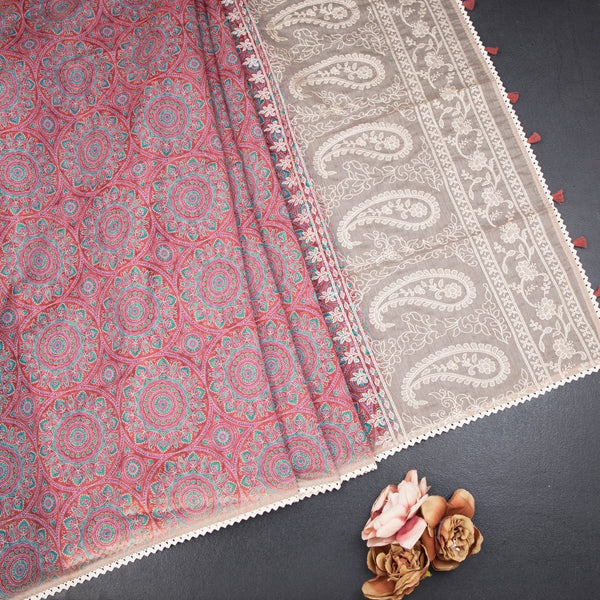 Semi Linen Red Printed Saree And Thread Pallu