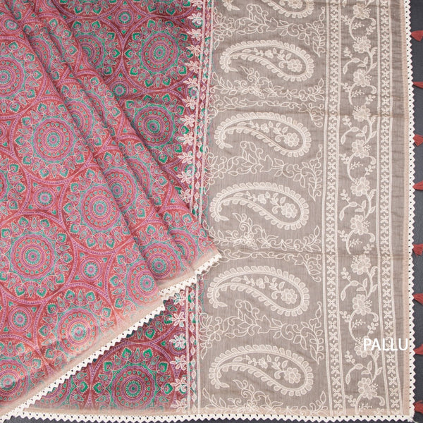 Semi Linen Red Printed Saree And Thread Pallu