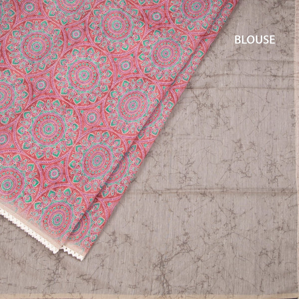 Semi Linen Red Printed Saree And Thread Pallu