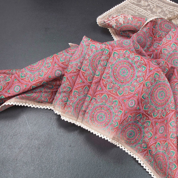 Semi Linen Red Printed Saree And Thread Pallu