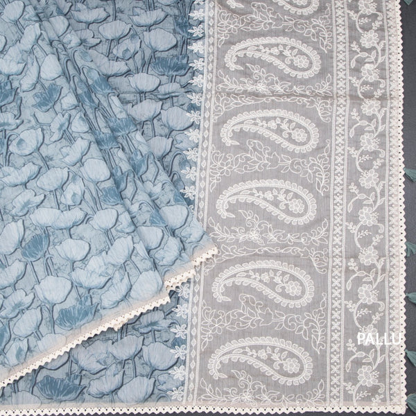 Semi Linen Sage Green Printed Saree And Thread Pallu
