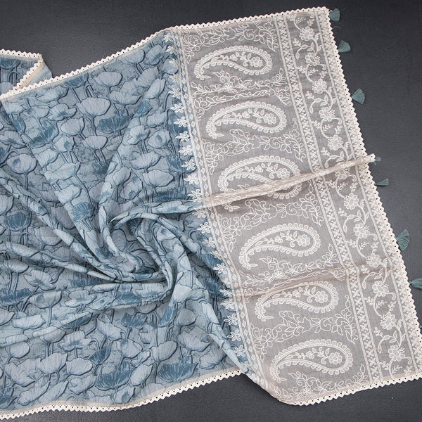 Semi Linen Sage Green Printed Saree And Thread Pallu