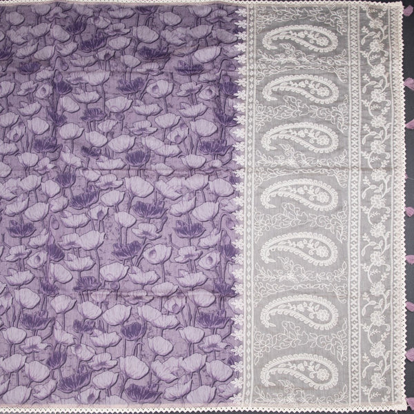 Semi Linen Purple Printed Saree And Thread Pallu