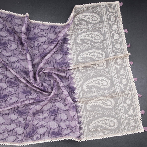 Semi Linen Purple Printed Saree And Thread Pallu