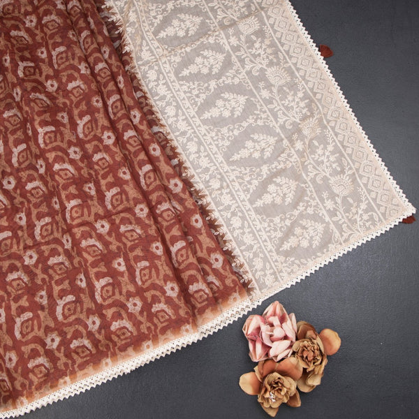 Semi Linen Rust Orange Printed Saree And Thread Pallu