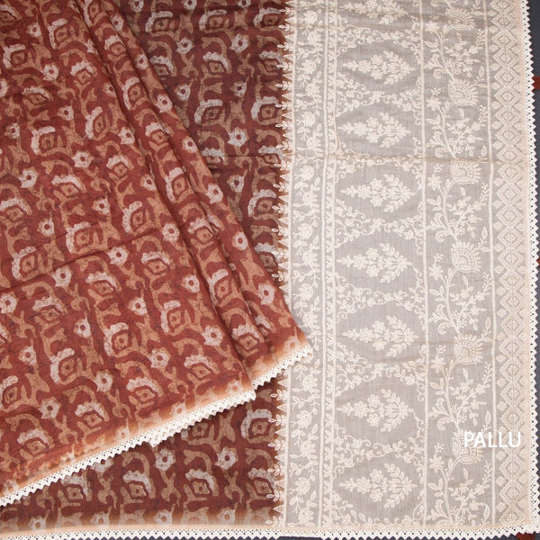 Semi Linen Rust Orange Printed Saree And Thread Pallu