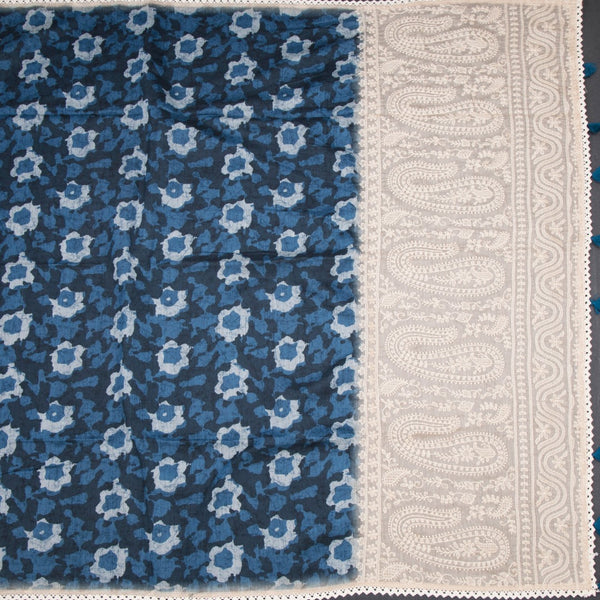 Semi Linen Peacock Blue Printed Saree And Thread Pallu