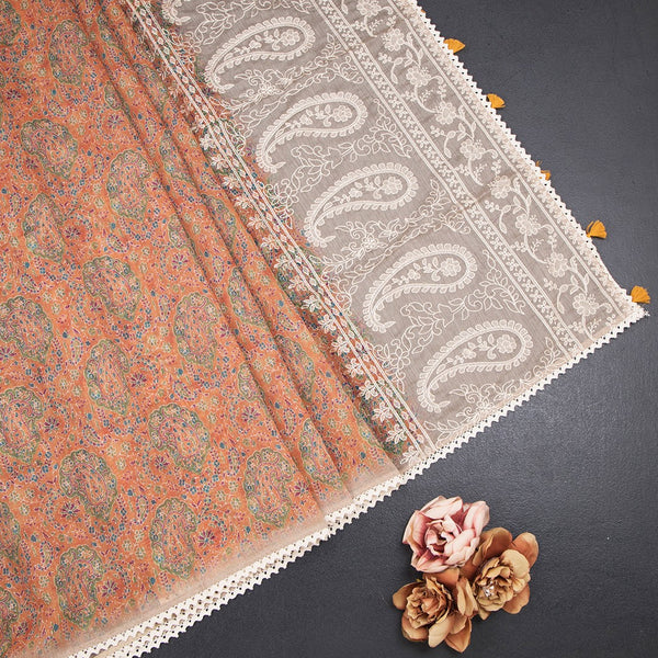 Semi Linen Orange Printed Saree And Thread Pallu