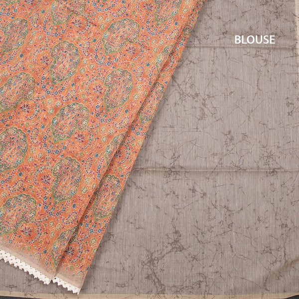 Semi Linen Orange Printed Saree And Thread Pallu