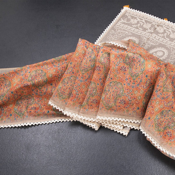 Semi Linen Orange Printed Saree And Thread Pallu