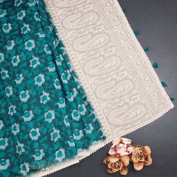 Semi Linen Peacock Green Printed Saree And Thread Pallu