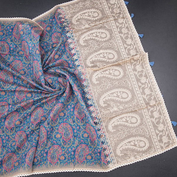 Semi Linen Blue Printed Saree And Thread Pallu