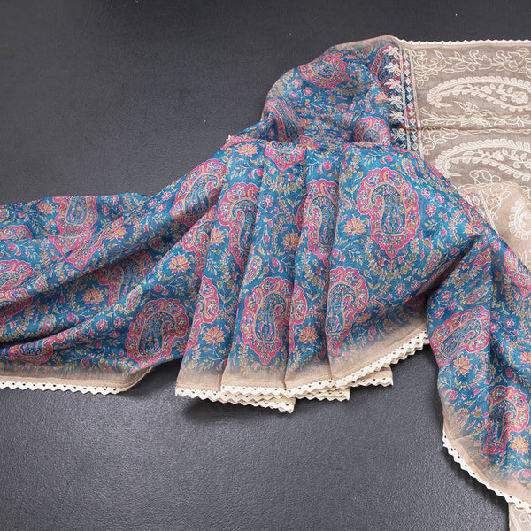 Semi Linen Blue Printed Saree And Thread Pallu