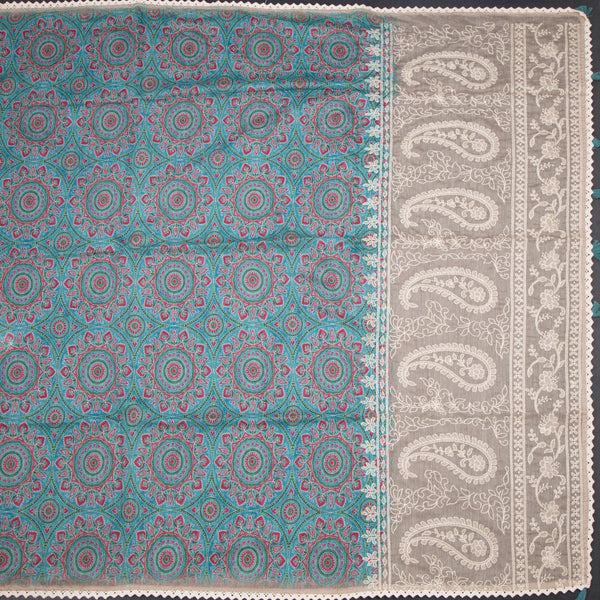 Semi Linen Peacock Blue Printed Saree And Thread Pallu 02