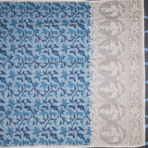 Semi Linen Light Blue Printed Saree And Thread Pallu
