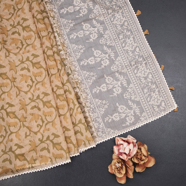 Semi Linen Sandal Printed Saree And Thread Pallu