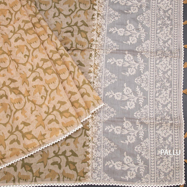 Semi Linen Sandal Printed Saree And Thread Pallu