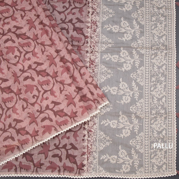 Semi Linen Light Maroon Printed Saree And Thread Pallu