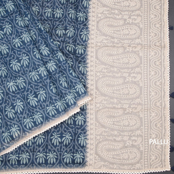 Semi Linen Dark Blue Printed Saree And Thread Pallu