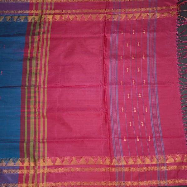 Vaazhai Naar Peacock Blue Saree With Thread Buttas And Contrast Pallu 03