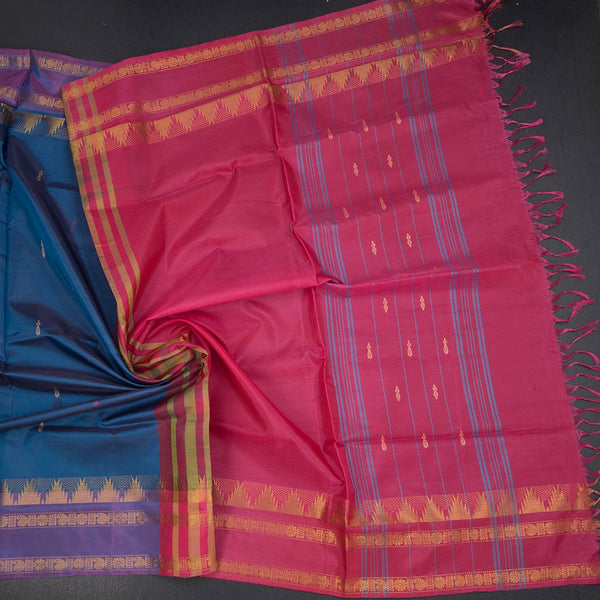 Vaazhai Naar Peacock Blue Saree With Thread Buttas And Contrast Pallu 03