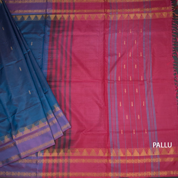 Vaazhai Naar Peacock Blue Saree With Thread Buttas And Contrast Pallu 02