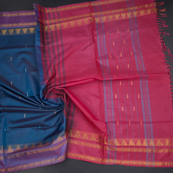 Vaazhai Naar Peacock Blue Saree With Thread Buttas And Contrast Pallu 02